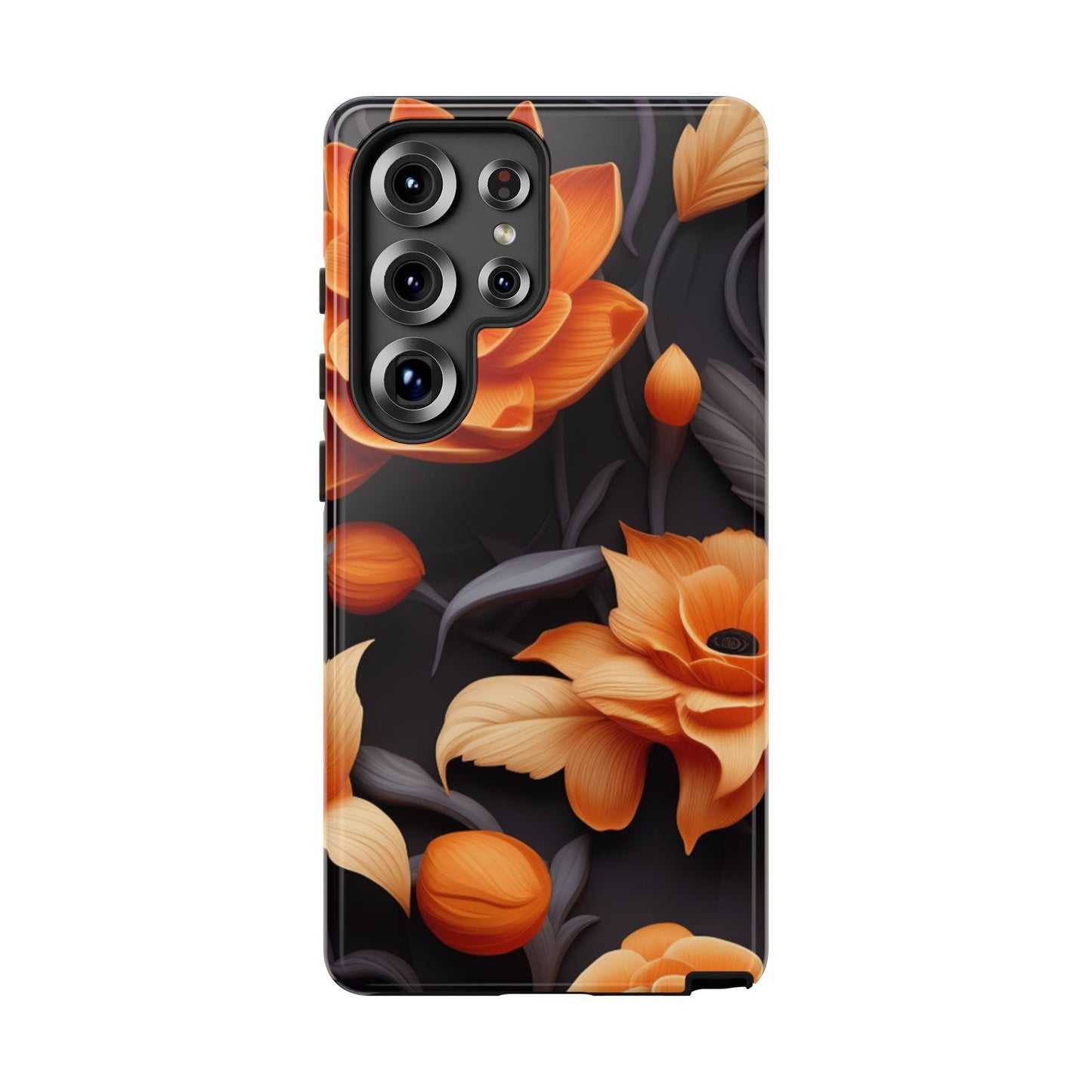 Bold Orange Floral Samsung Galaxy Case – Elegant 3D Flower Design on Black - BOGO Cases