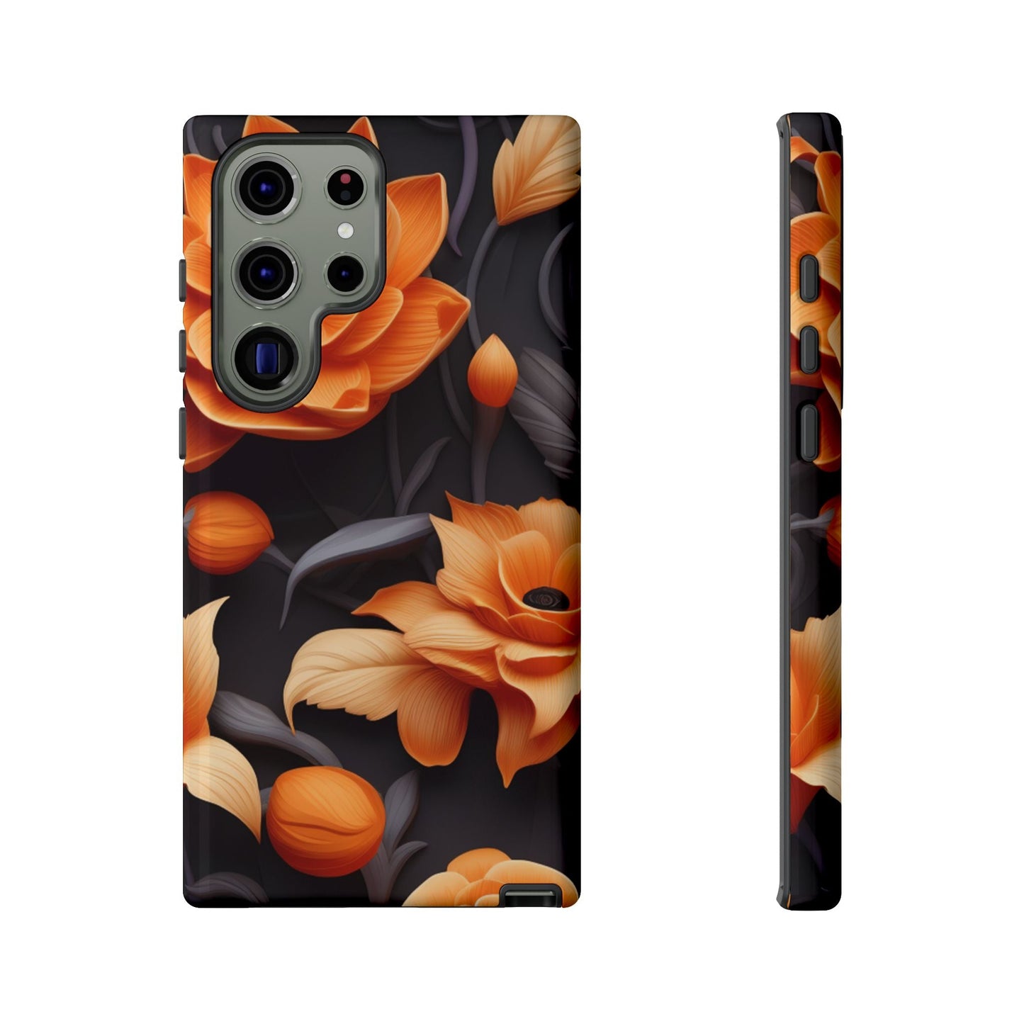 Bold Orange Floral Samsung Galaxy Case – Elegant 3D Flower Design on Black - BOGO Cases