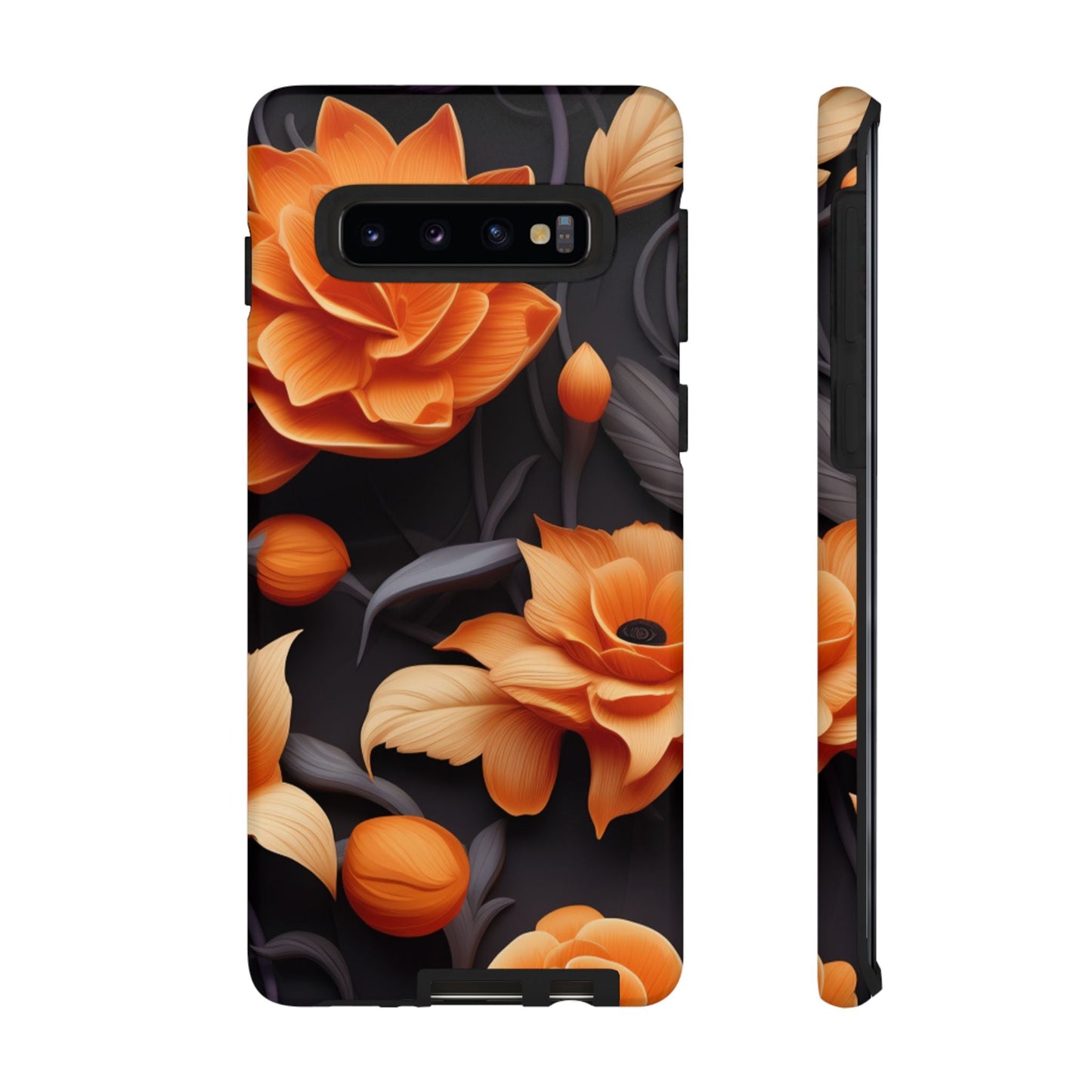 Bold Orange Floral Samsung Galaxy Case – Elegant 3D Flower Design on Black - BOGO Cases