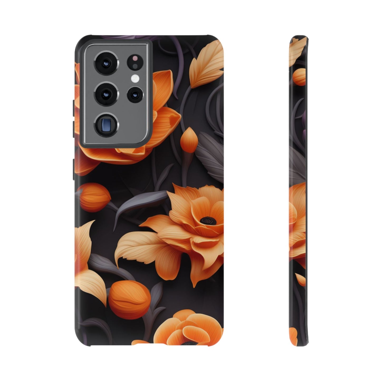 Bold Orange Floral Samsung Galaxy Case – Elegant 3D Flower Design on Black - BOGO Cases