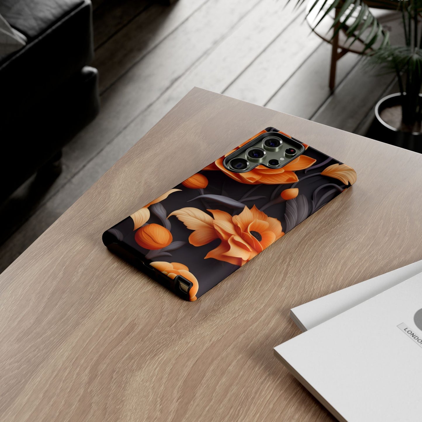 Bold Orange Floral Samsung Galaxy Case – Elegant 3D Flower Design on Black - BOGO Cases