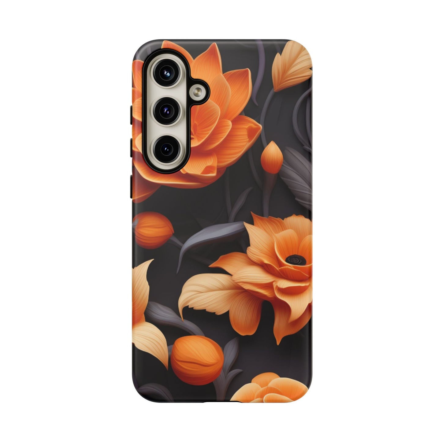 Bold Orange Floral Samsung Galaxy Case – Elegant 3D Flower Design on Black - BOGO Cases