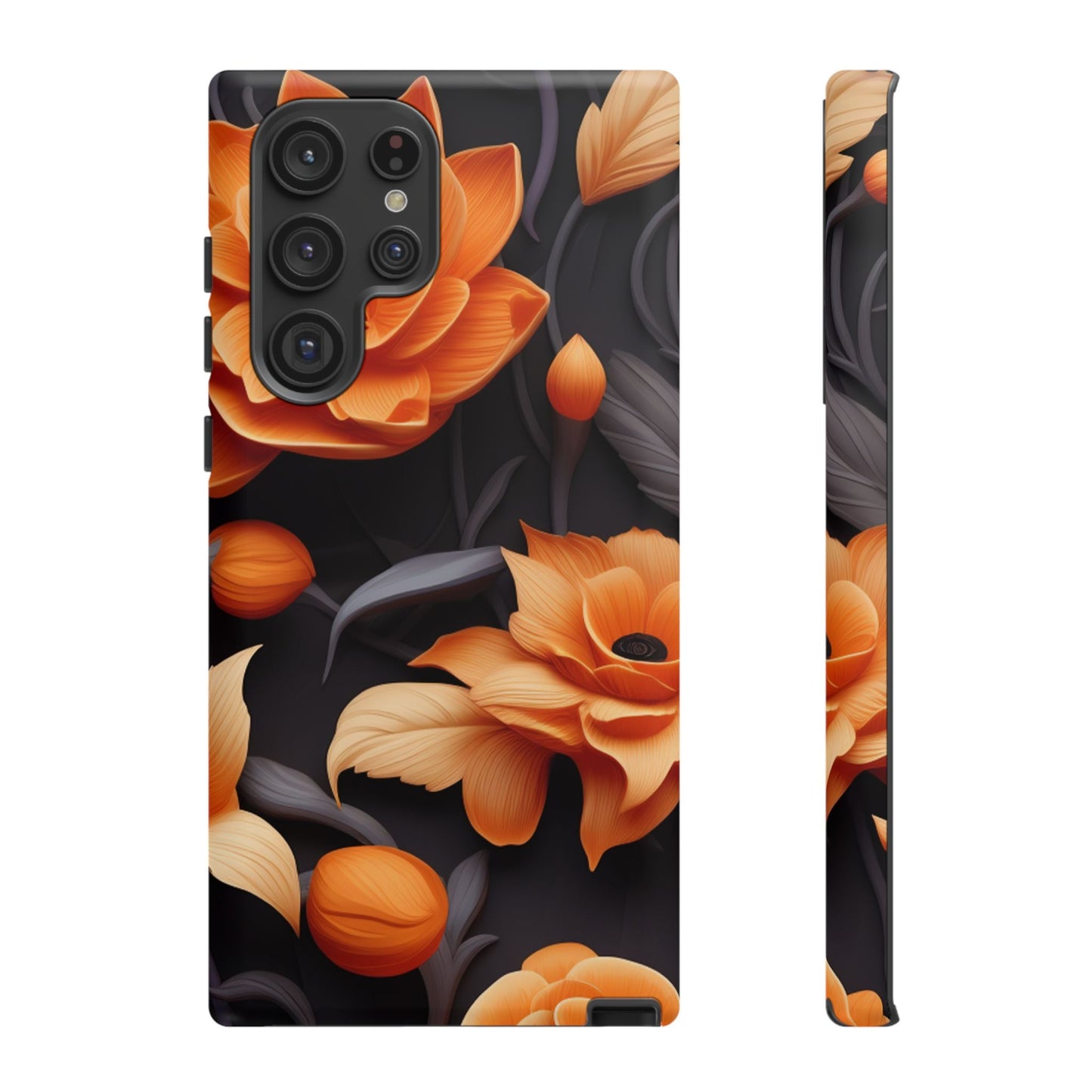 Bold Orange Floral Samsung Galaxy Case – Elegant 3D Flower Design on Black - BOGO Cases