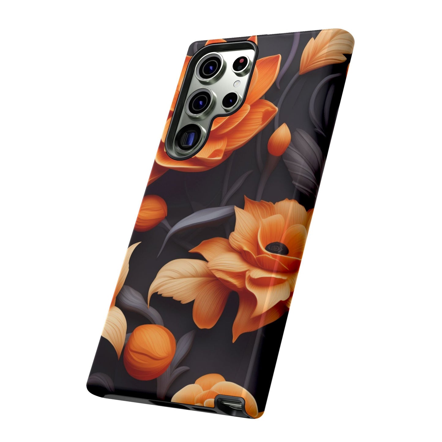 Bold Orange Floral Samsung Galaxy Case – Elegant 3D Flower Design on Black - BOGO Cases
