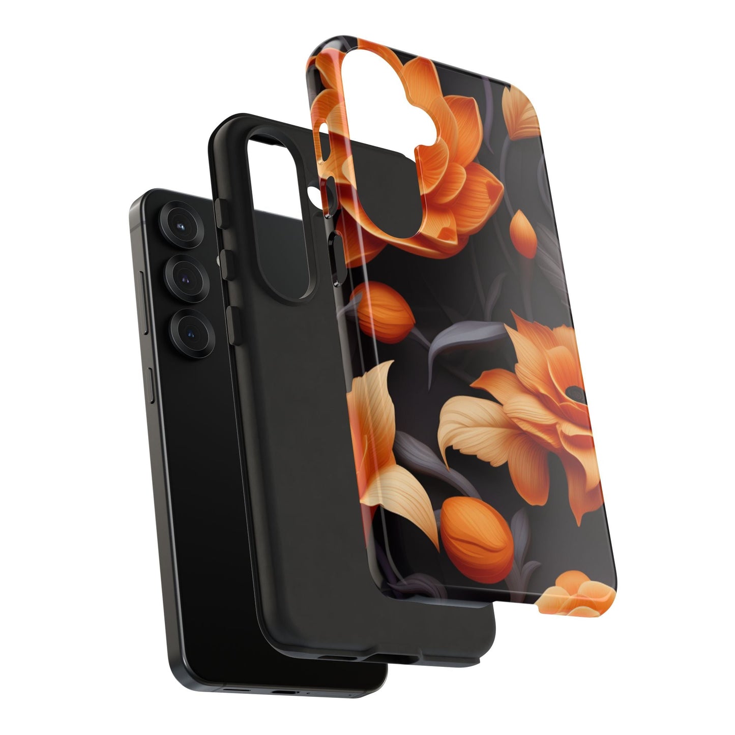 Bold Orange Floral Samsung Galaxy Case – Elegant 3D Flower Design on Black - BOGO Cases