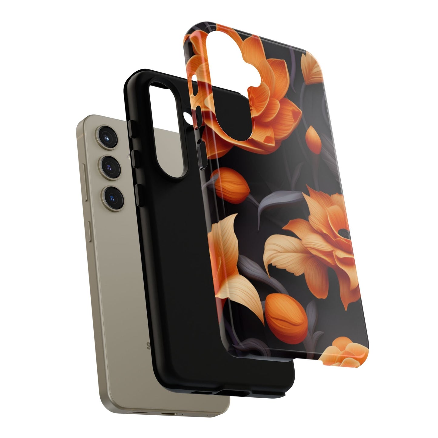 Bold Orange Floral Samsung Galaxy Case – Elegant 3D Flower Design on Black - BOGO Cases