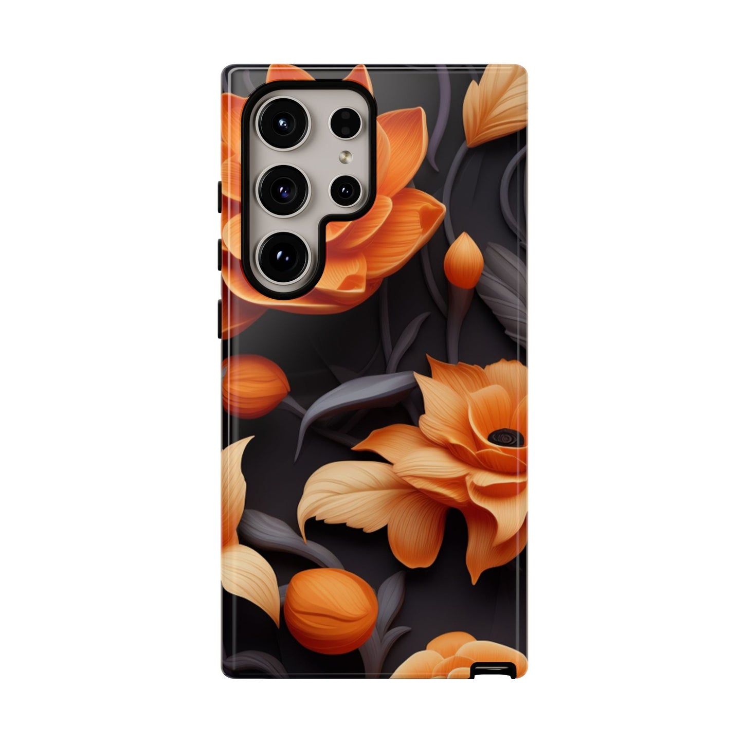 Bold Orange Floral Samsung Galaxy Case – Elegant 3D Flower Design on Black - BOGO Cases