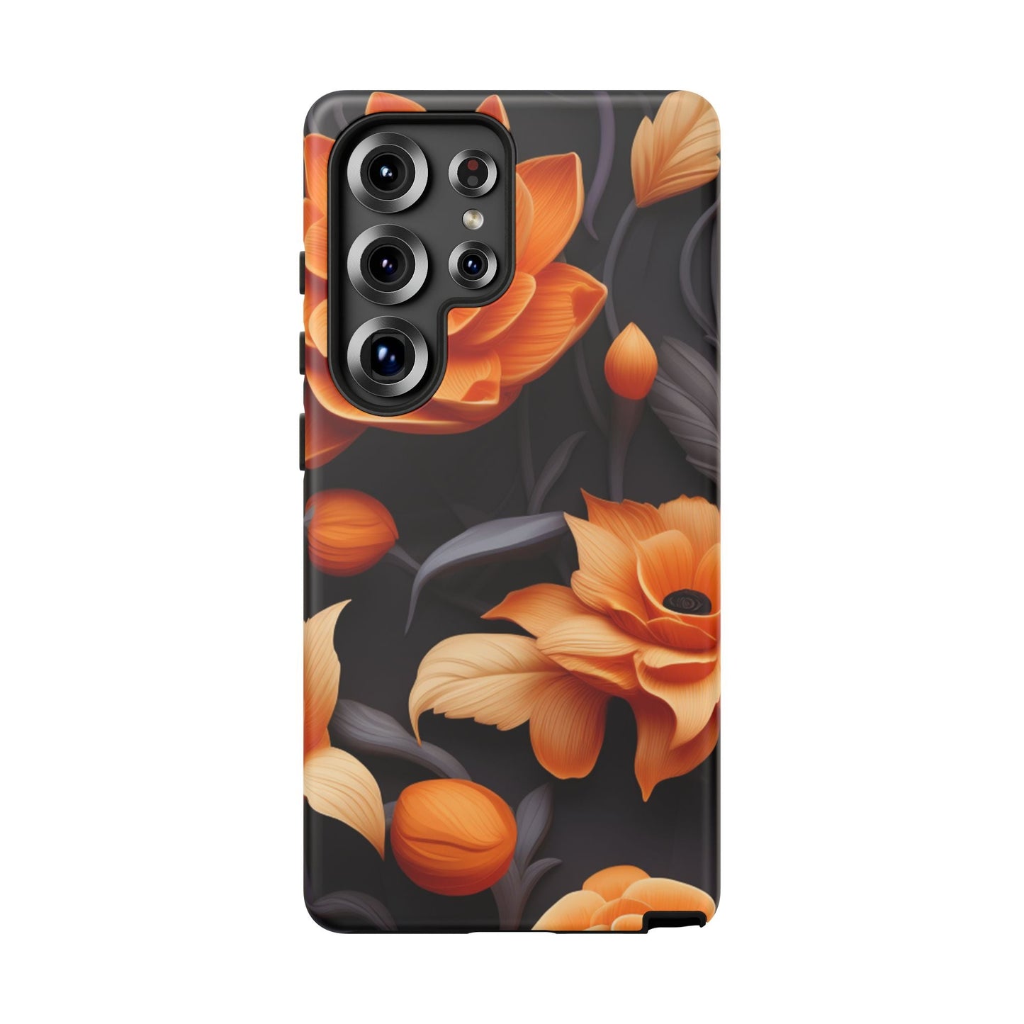 Bold Orange Floral Samsung Galaxy Case – Elegant 3D Flower Design on Black - BOGO Cases
