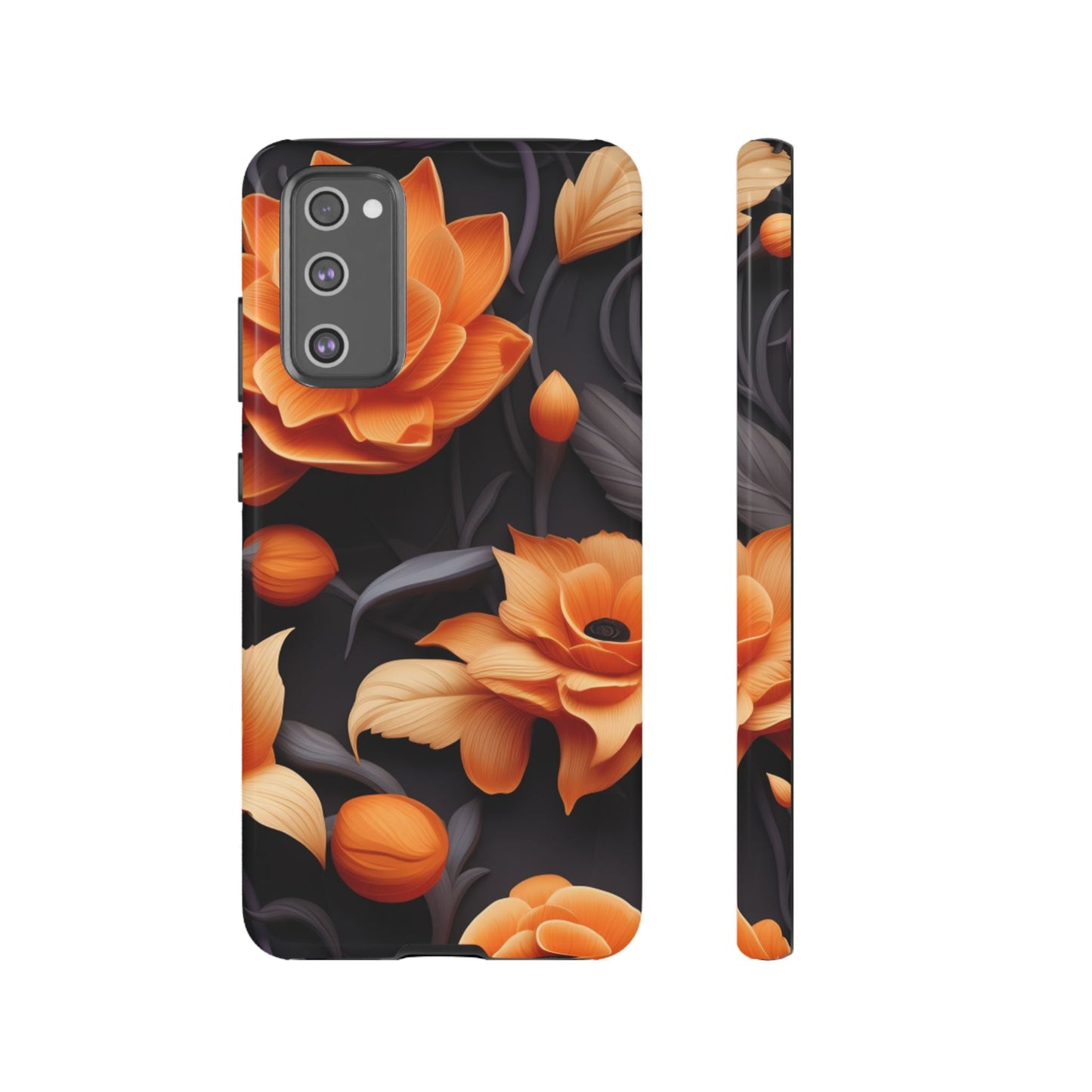 Bold Orange Floral Samsung Galaxy Case – Elegant 3D Flower Design on Black - BOGO Cases