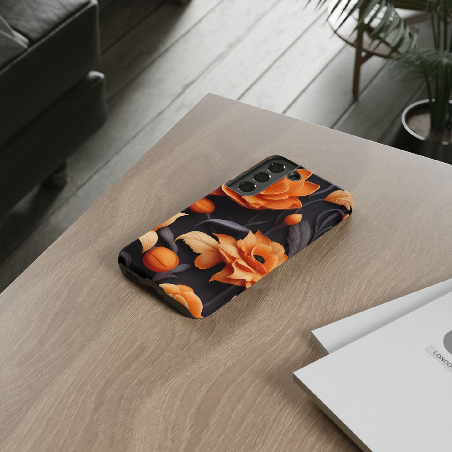 Bold Orange Floral Samsung Galaxy Case – Elegant 3D Flower Design on Black - BOGO Cases