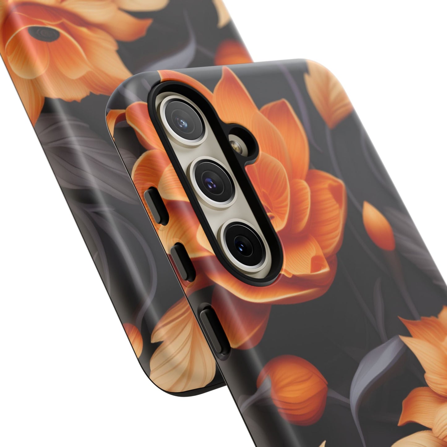 Bold Orange Floral Samsung Galaxy Case – Elegant 3D Flower Design on Black - BOGO Cases