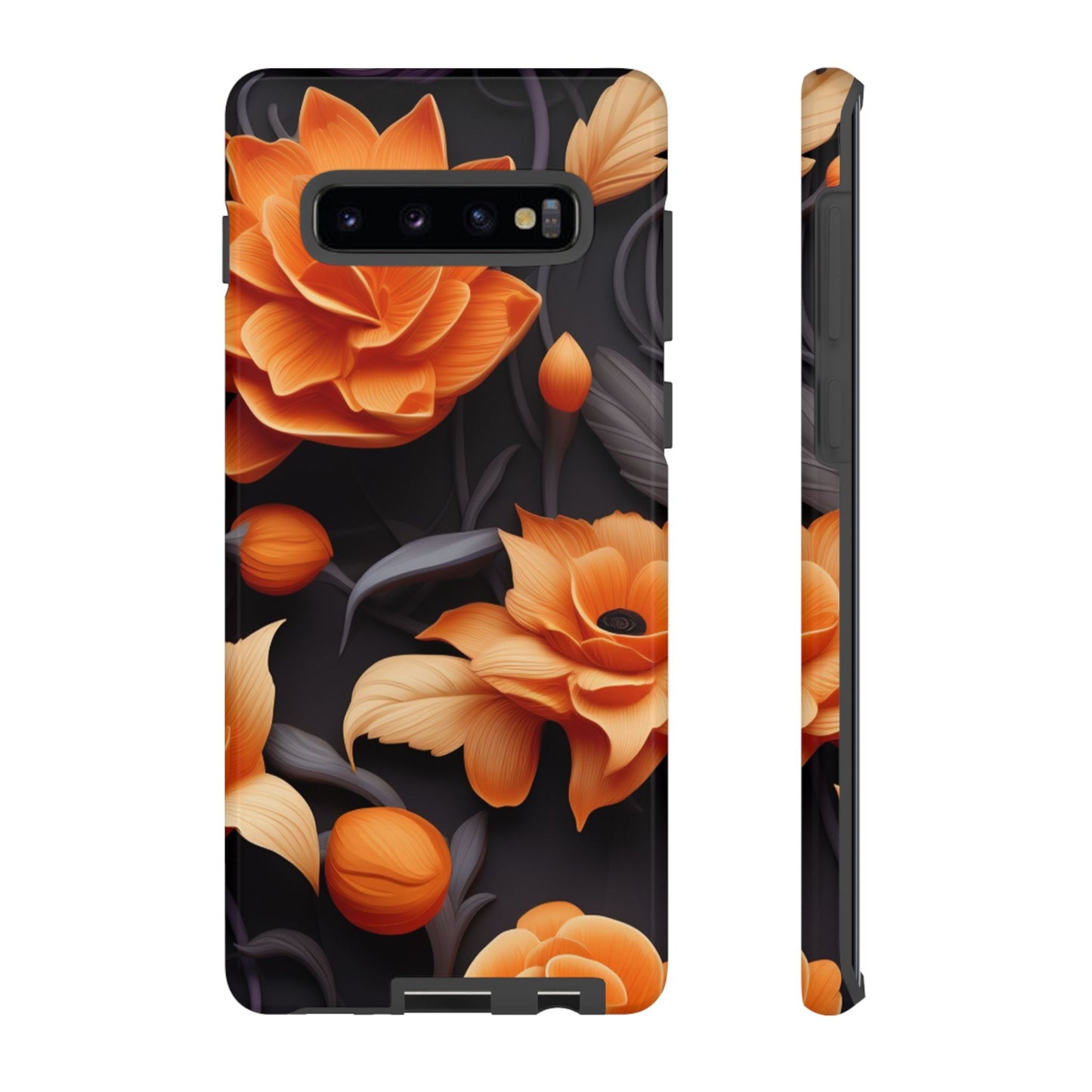 Bold Orange Floral Samsung Galaxy Case – Elegant 3D Flower Design on Black - BOGO Cases