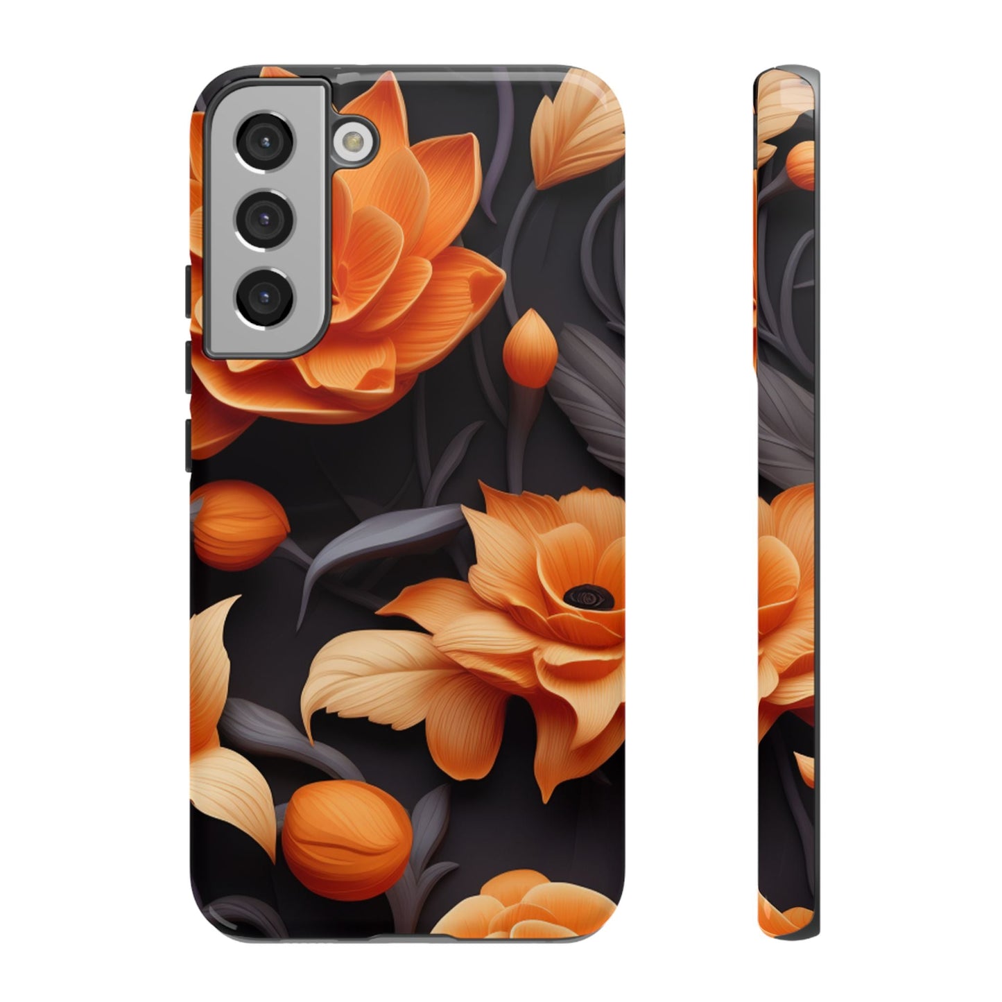 Bold Orange Floral Samsung Galaxy Case – Elegant 3D Flower Design on Black - BOGO Cases