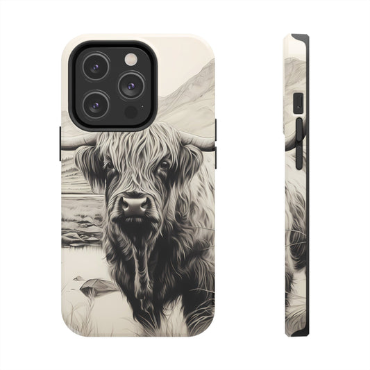 Cute Highland Cow iPhone Cases, Western Charcoal-Sketched Cow Phone Cases, Cow Print, Cottagecore Phone Case, iPhone 13, iPhone 7-14, Farm - BOGO Cases