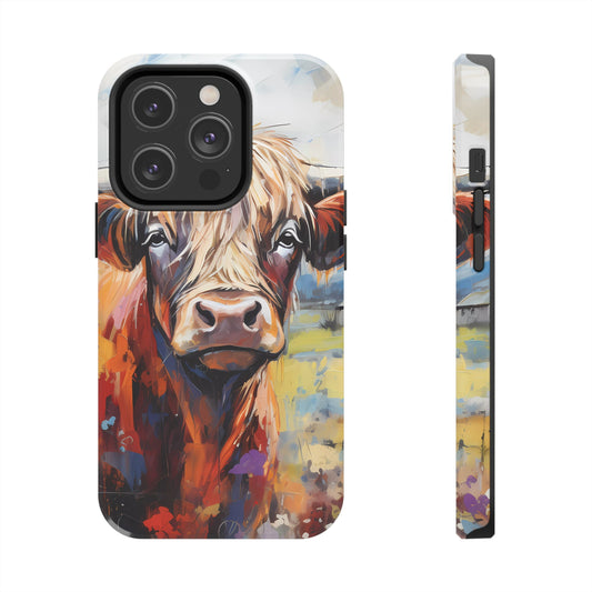 Cute iPhone Cases - Highland Harmony: Robust Rocky Mountain-Inspired Tough iPhone Case Featuring an Expressionism Fresco Highland Cow, Farm - BOGO Cases