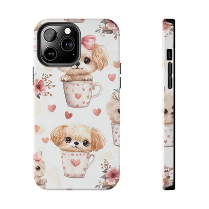 Cute Puppies in Heart Mugs iPhone Case – Adorable Dog & Floral Design, Shockproof & Slim - BOGO Cases