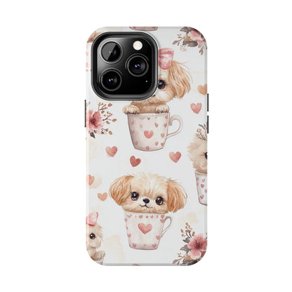 Cute Puppies in Heart Mugs iPhone Case – Adorable Dog & Floral Design, Shockproof & Slim - BOGO Cases