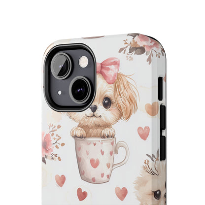 Cute Puppies in Heart Mugs iPhone Case – Adorable Dog & Floral Design, Shockproof & Slim - BOGO Cases