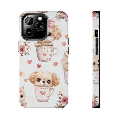 Cute Puppies in Heart Mugs iPhone Case – Adorable Dog & Floral Design, Shockproof & Slim - BOGO Cases