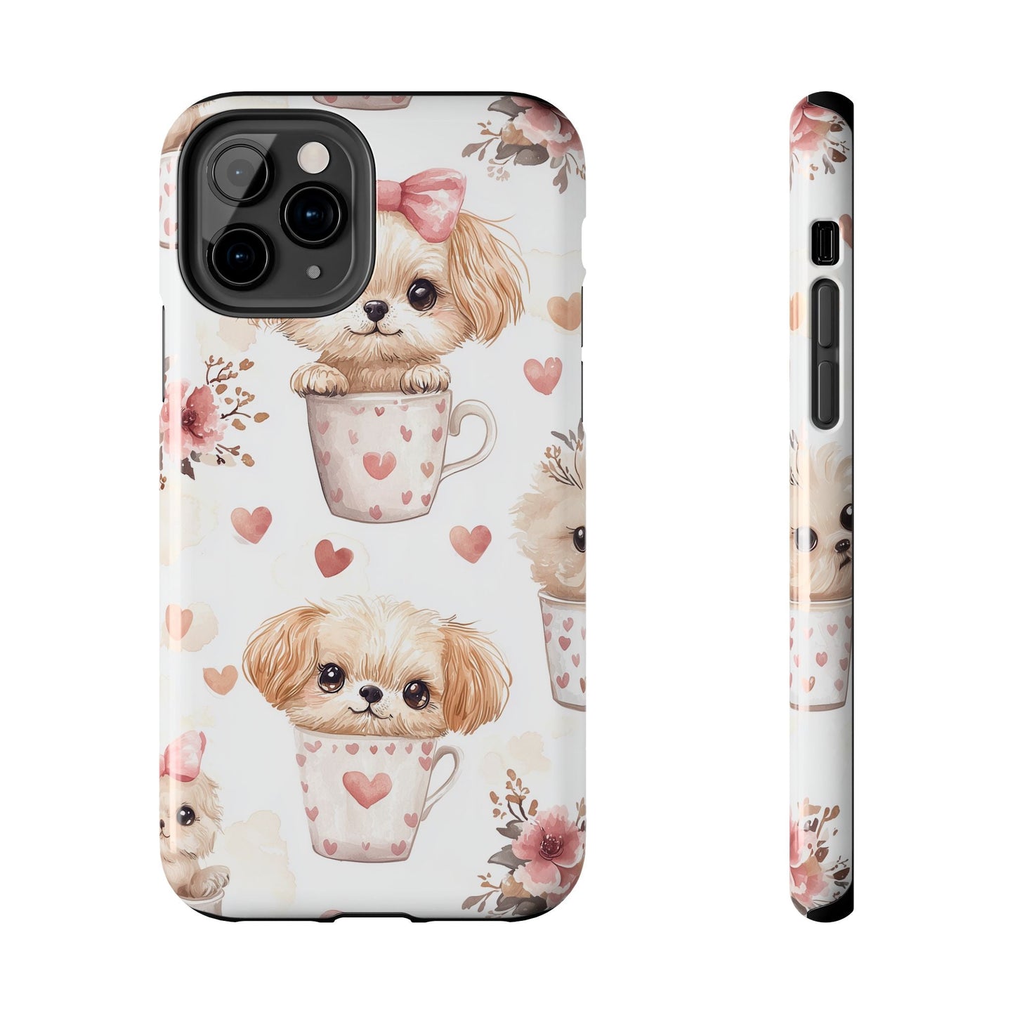 Cute Puppies in Heart Mugs iPhone Case – Adorable Dog & Floral Design, Shockproof & Slim - BOGO Cases