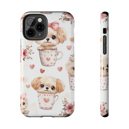 Cute Puppies in Heart Mugs iPhone Case – Adorable Dog & Floral Design, Shockproof & Slim - BOGO Cases