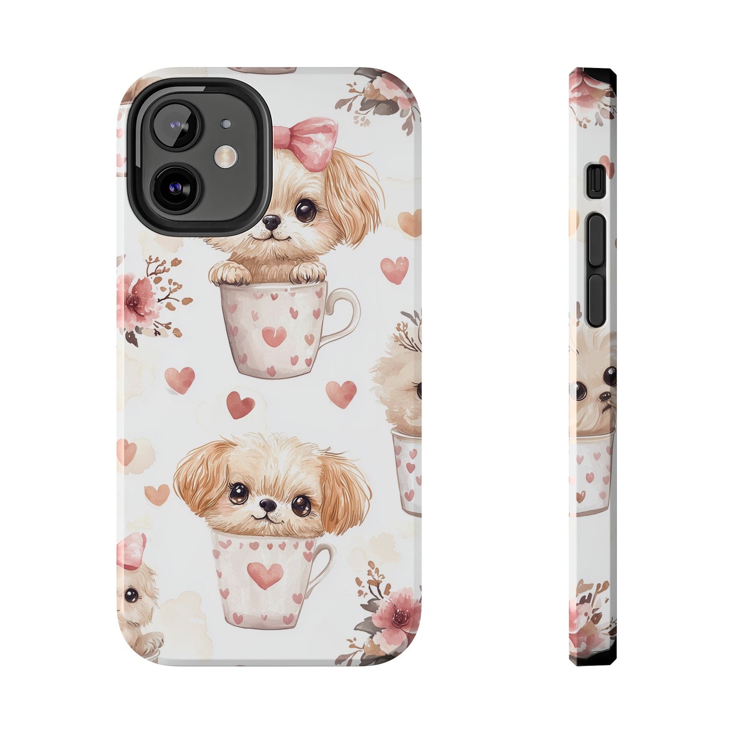 Cute Puppies in Heart Mugs iPhone Case – Adorable Dog & Floral Design, Shockproof & Slim - BOGO Cases