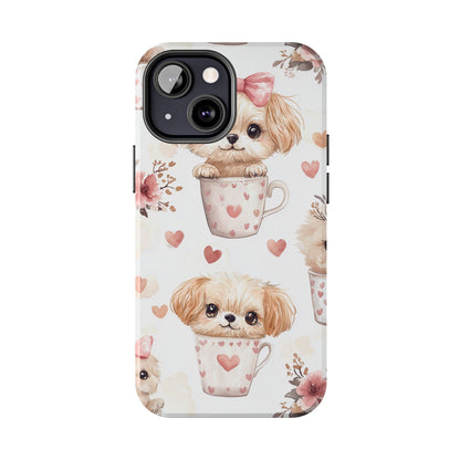 Cute Puppies in Heart Mugs iPhone Case – Adorable Dog & Floral Design, Shockproof & Slim - BOGO Cases