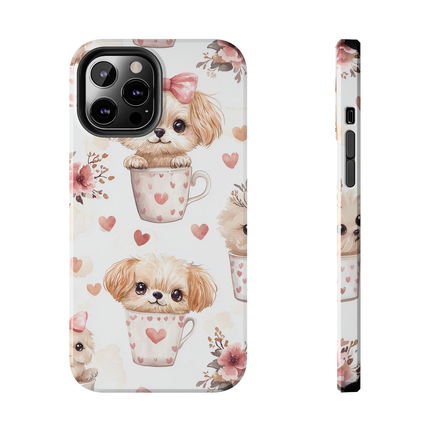 Cute Puppies in Heart Mugs iPhone Case – Adorable Dog & Floral Design, Shockproof & Slim - BOGO Cases