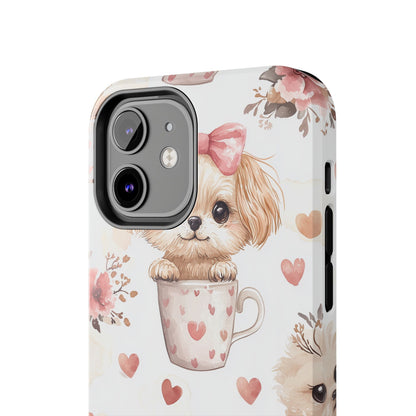 Cute Puppies in Heart Mugs iPhone Case – Adorable Dog & Floral Design, Shockproof & Slim - BOGO Cases