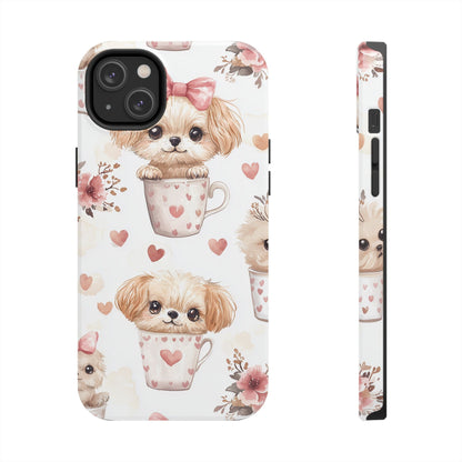 Cute Puppies in Heart Mugs iPhone Case – Adorable Dog & Floral Design, Shockproof & Slim - BOGO Cases