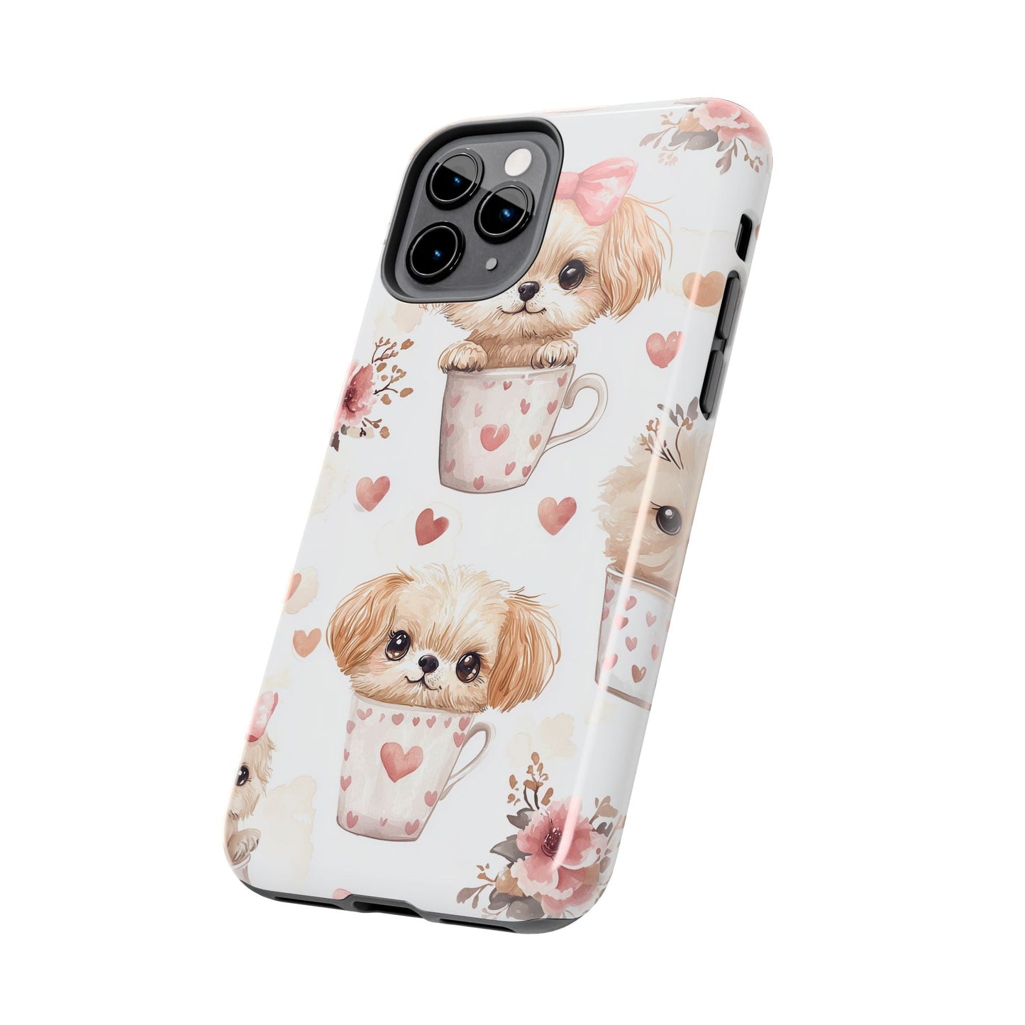 Cute Puppies in Heart Mugs iPhone Case – Adorable Dog & Floral Design, Shockproof & Slim - BOGO Cases