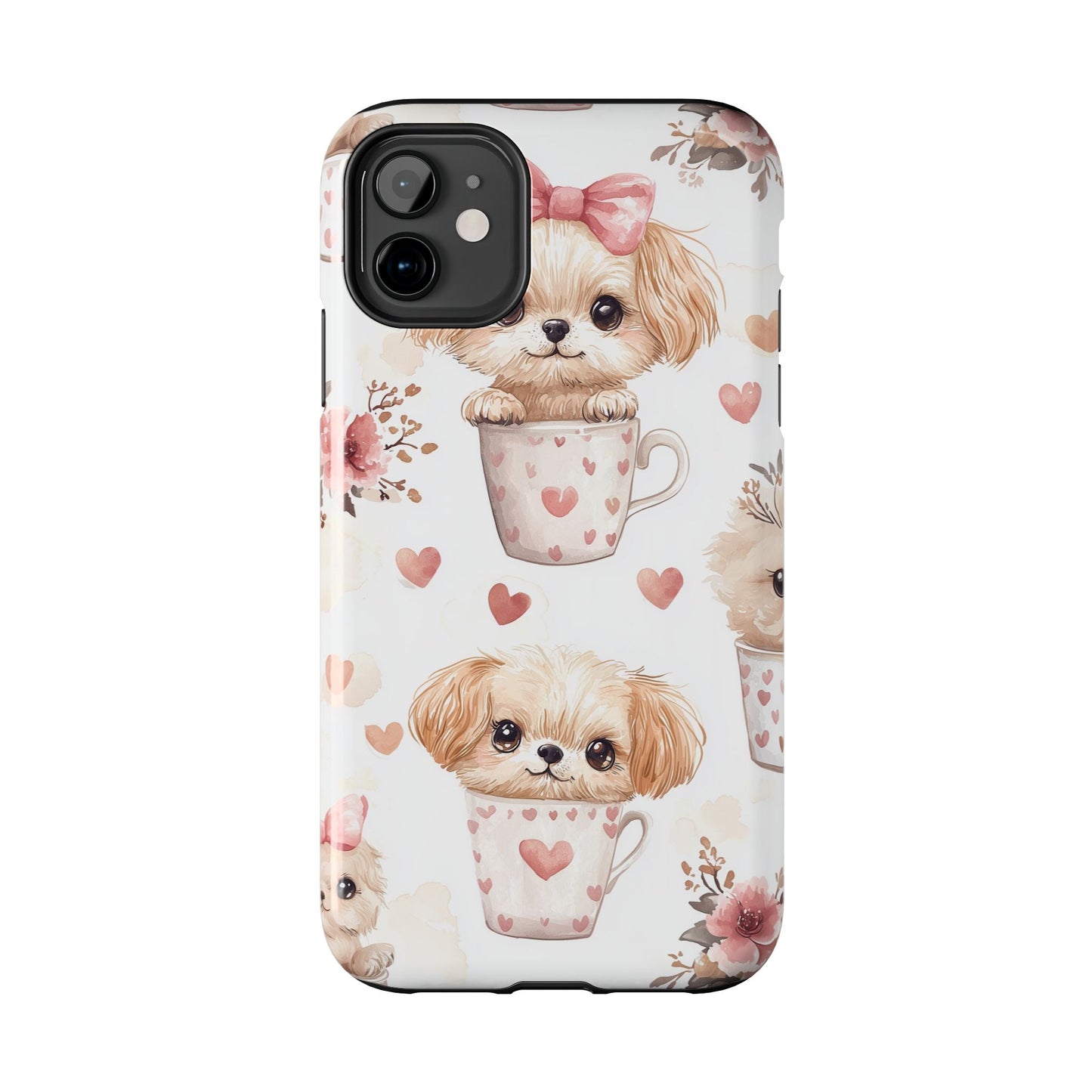 Cute Puppies in Heart Mugs iPhone Case – Adorable Dog & Floral Design, Shockproof & Slim - BOGO Cases