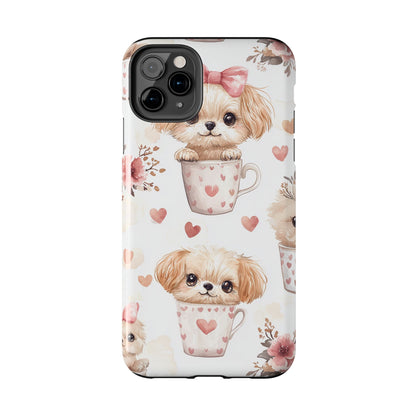 Cute Puppies in Heart Mugs iPhone Case – Adorable Dog & Floral Design, Shockproof & Slim - BOGO Cases