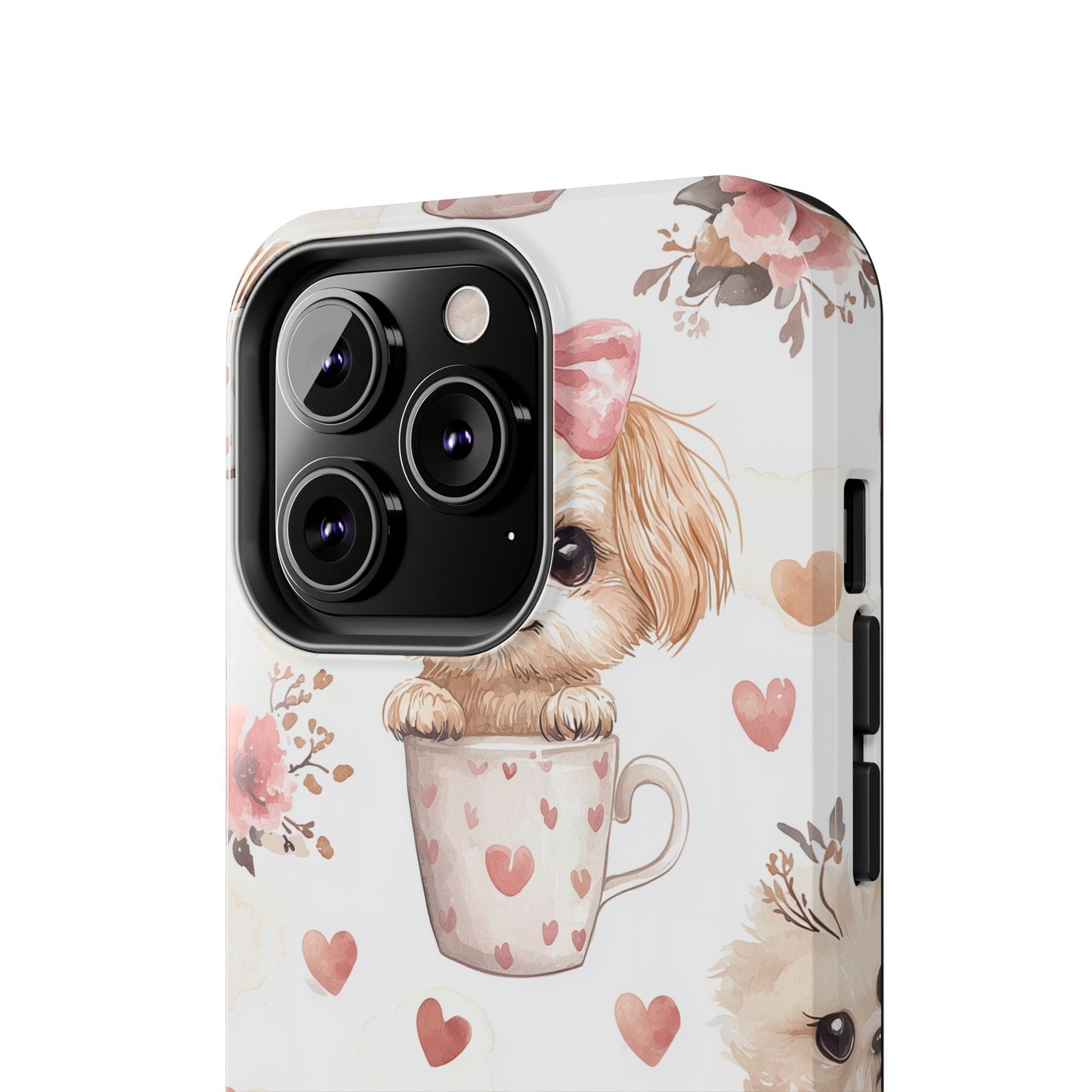 Cute Puppies in Heart Mugs iPhone Case – Adorable Dog & Floral Design, Shockproof & Slim - BOGO Cases