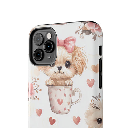 Cute Puppies in Heart Mugs iPhone Case – Adorable Dog & Floral Design, Shockproof & Slim - BOGO Cases