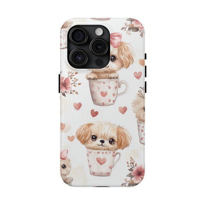 Cute Puppies in Heart Mugs iPhone Case – Adorable Dog & Floral Design, Shockproof & Slim - BOGO Cases