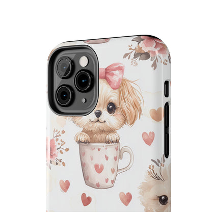 Cute Puppies in Heart Mugs iPhone Case – Adorable Dog & Floral Design, Shockproof & Slim - BOGO Cases