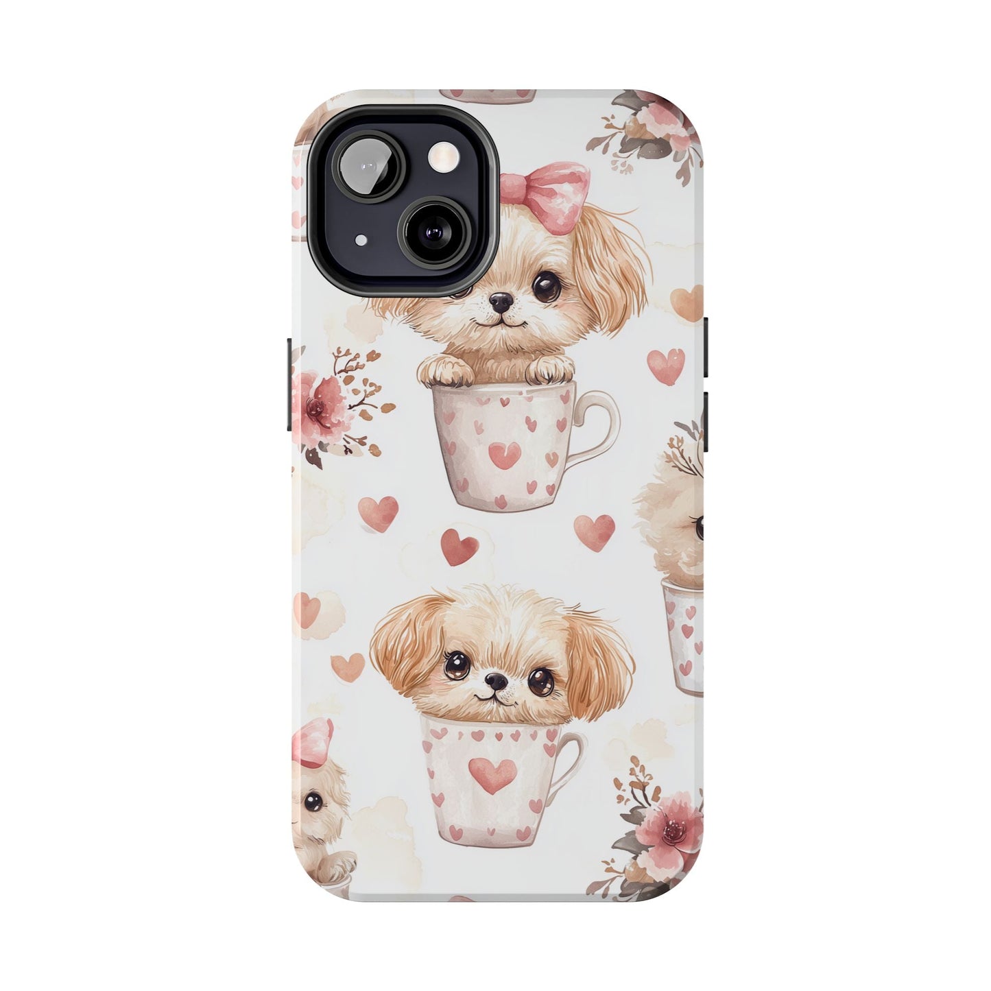 Cute Puppies in Heart Mugs iPhone Case – Adorable Dog & Floral Design, Shockproof & Slim - BOGO Cases