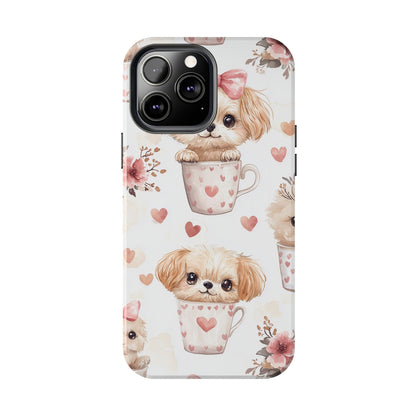 Cute Puppies in Heart Mugs iPhone Case – Adorable Dog & Floral Design, Shockproof & Slim - BOGO Cases