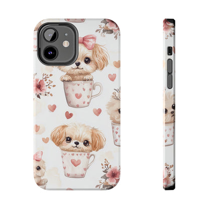 Cute Puppies in Heart Mugs iPhone Case – Adorable Dog & Floral Design, Shockproof & Slim - BOGO Cases