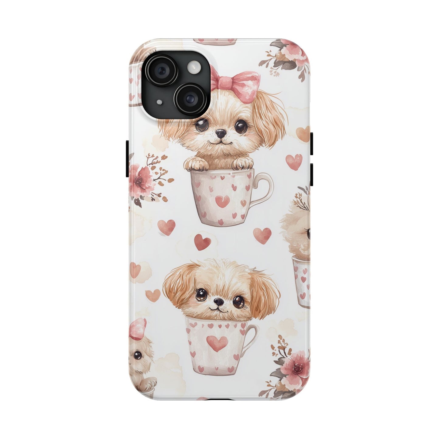 Cute Puppies in Heart Mugs iPhone Case – Adorable Dog & Floral Design, Shockproof & Slim - BOGO Cases