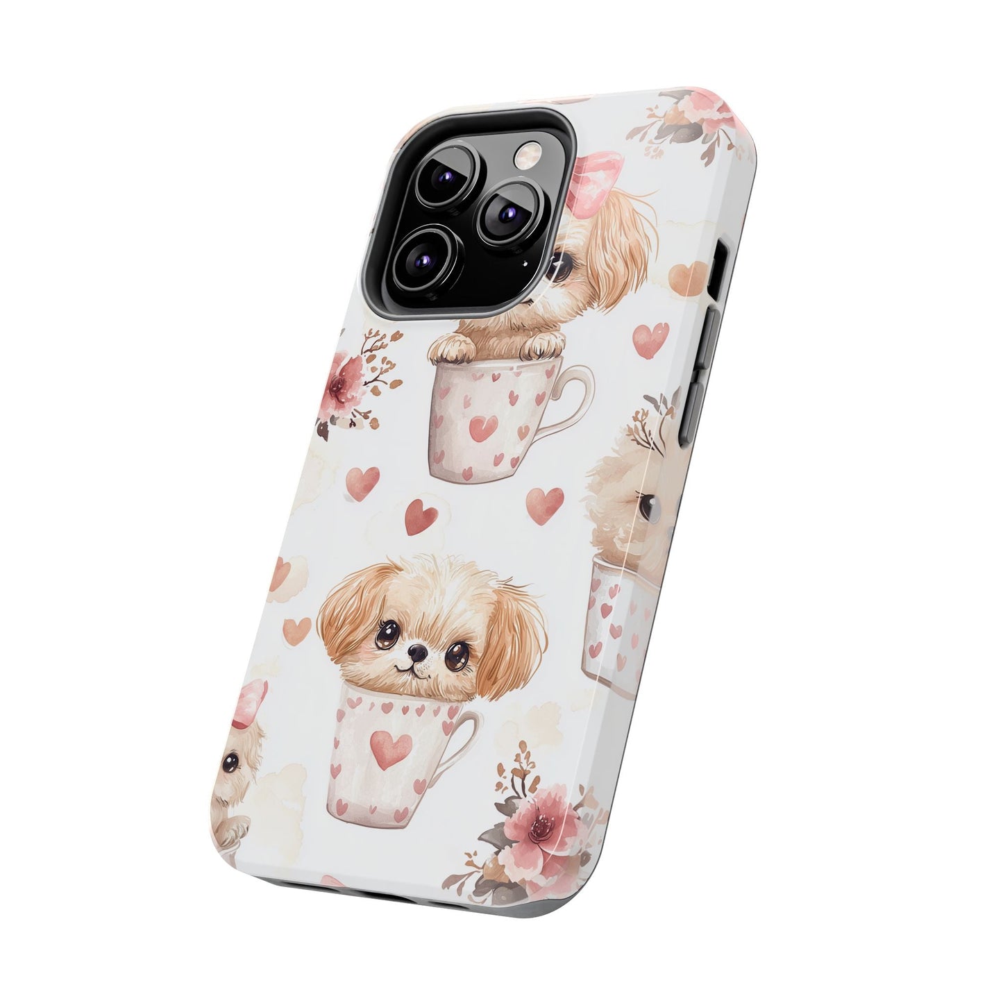 Cute Puppies in Heart Mugs iPhone Case – Adorable Dog & Floral Design, Shockproof & Slim - BOGO Cases