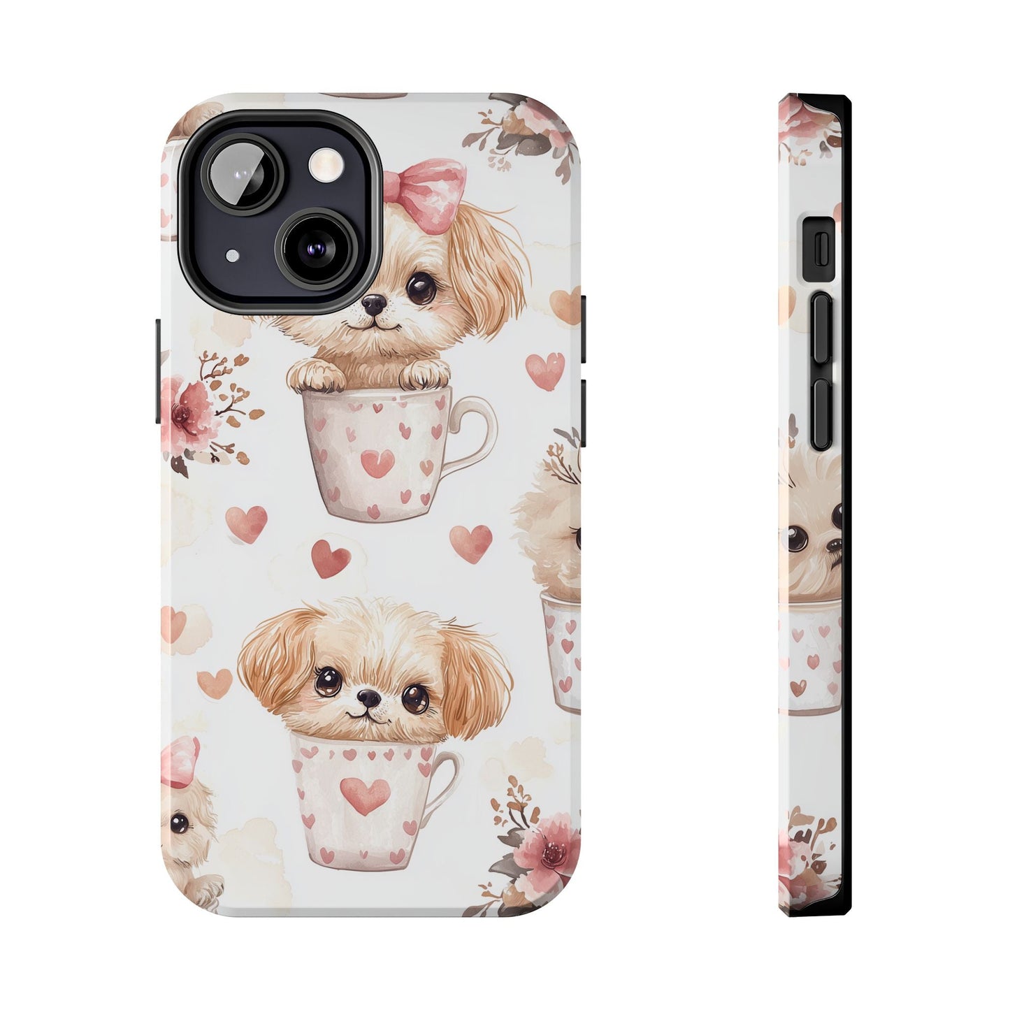 Cute Puppies in Heart Mugs iPhone Case – Adorable Dog & Floral Design, Shockproof & Slim - BOGO Cases