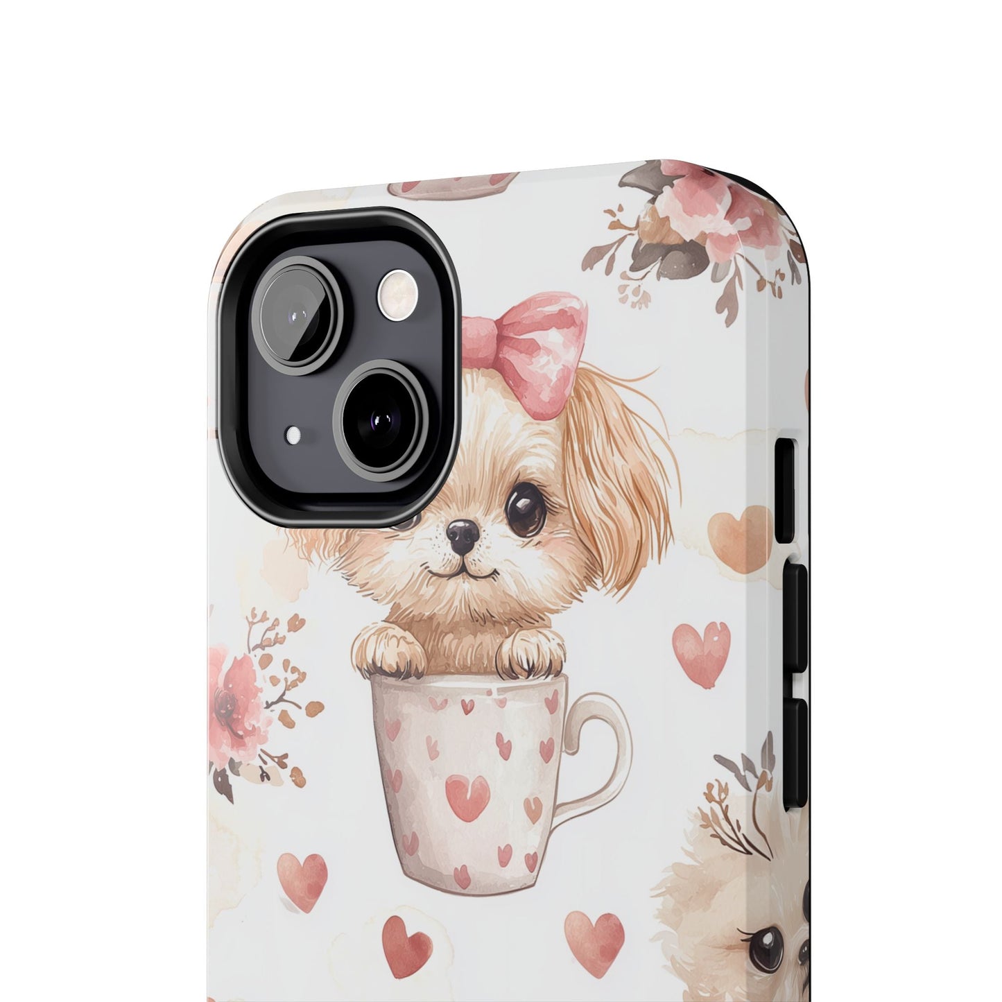 Cute Puppies in Heart Mugs iPhone Case – Adorable Dog & Floral Design, Shockproof & Slim - BOGO Cases