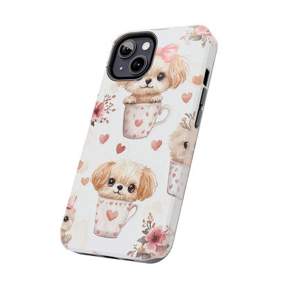 Cute Puppies in Heart Mugs iPhone Case – Adorable Dog & Floral Design, Shockproof & Slim - BOGO Cases