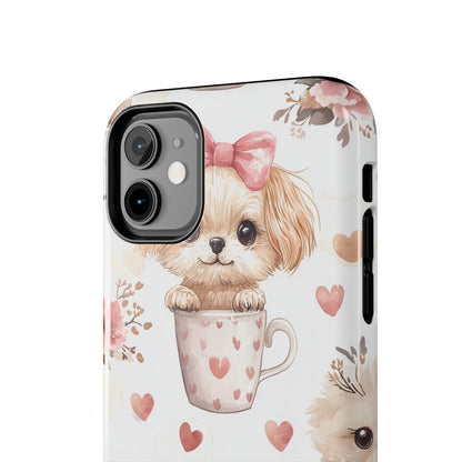 Cute Puppies in Heart Mugs iPhone Case – Adorable Dog & Floral Design, Shockproof & Slim - BOGO Cases