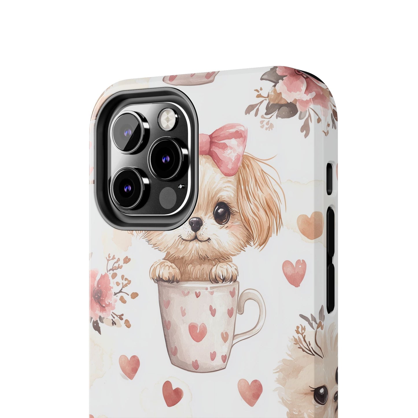 Cute Puppies in Heart Mugs iPhone Case – Adorable Dog & Floral Design, Shockproof & Slim - BOGO Cases