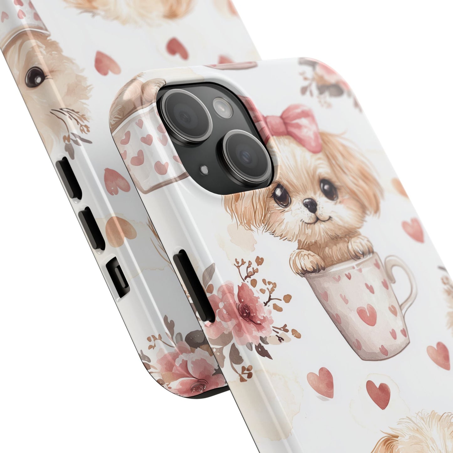 Cute Puppies in Heart Mugs iPhone Case – Adorable Dog & Floral Design, Shockproof & Slim - BOGO Cases