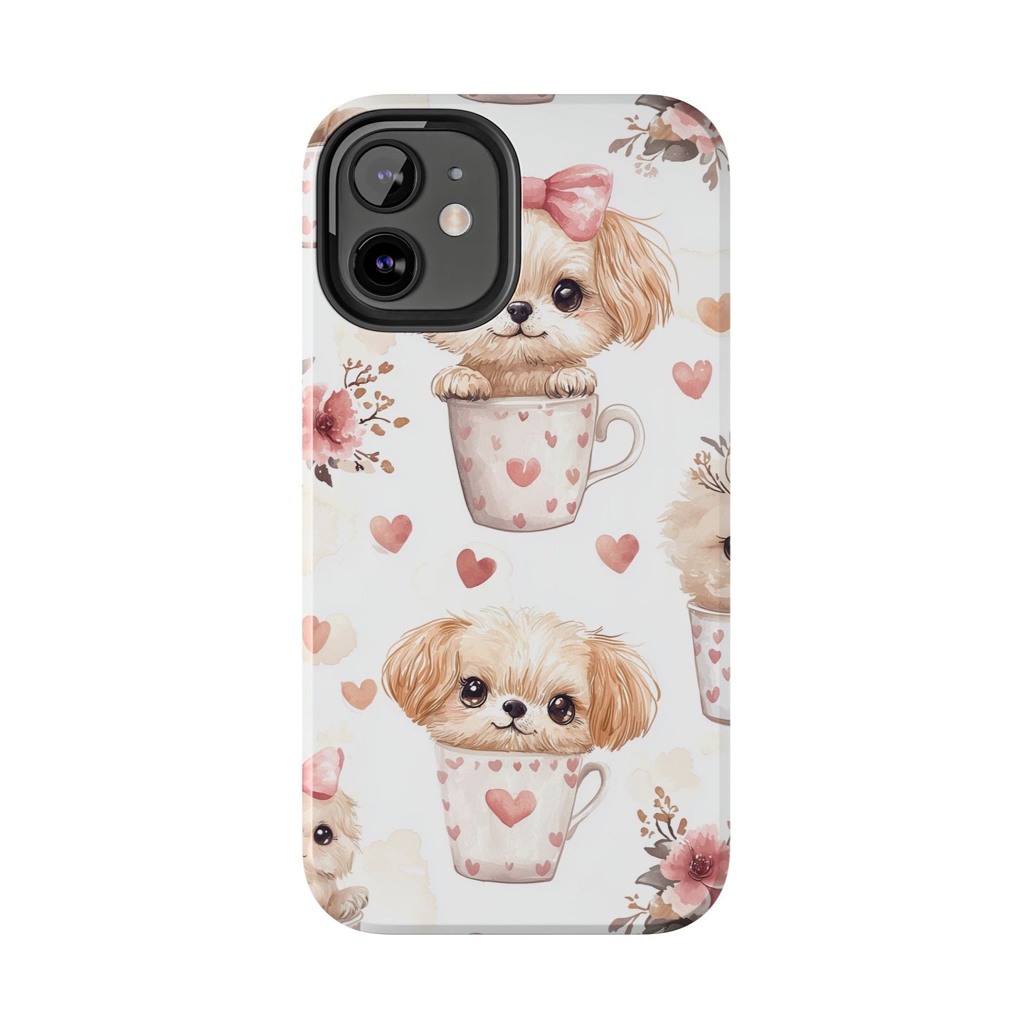 Cute Puppies in Heart Mugs iPhone Case – Adorable Dog & Floral Design, Shockproof & Slim - BOGO Cases