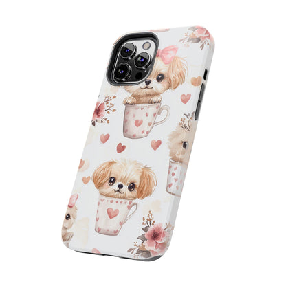 Cute Puppies in Heart Mugs iPhone Case – Adorable Dog & Floral Design, Shockproof & Slim - BOGO Cases